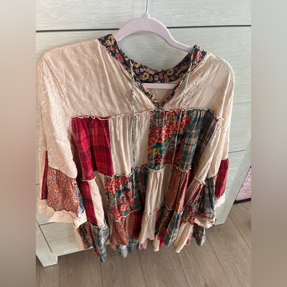 Young Threads Tops - Bohemian Patchwork Peasant Top in Cream and Red